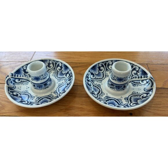 2 Blue Delft Candlestick Holders Hand Painted Made In Holland - Picture 1 of 6